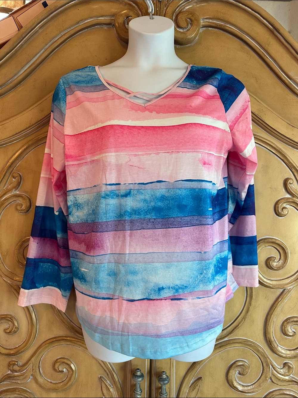 Women's Striped Watercolor V-Neck Long Sleeve Top in Pink & Blue